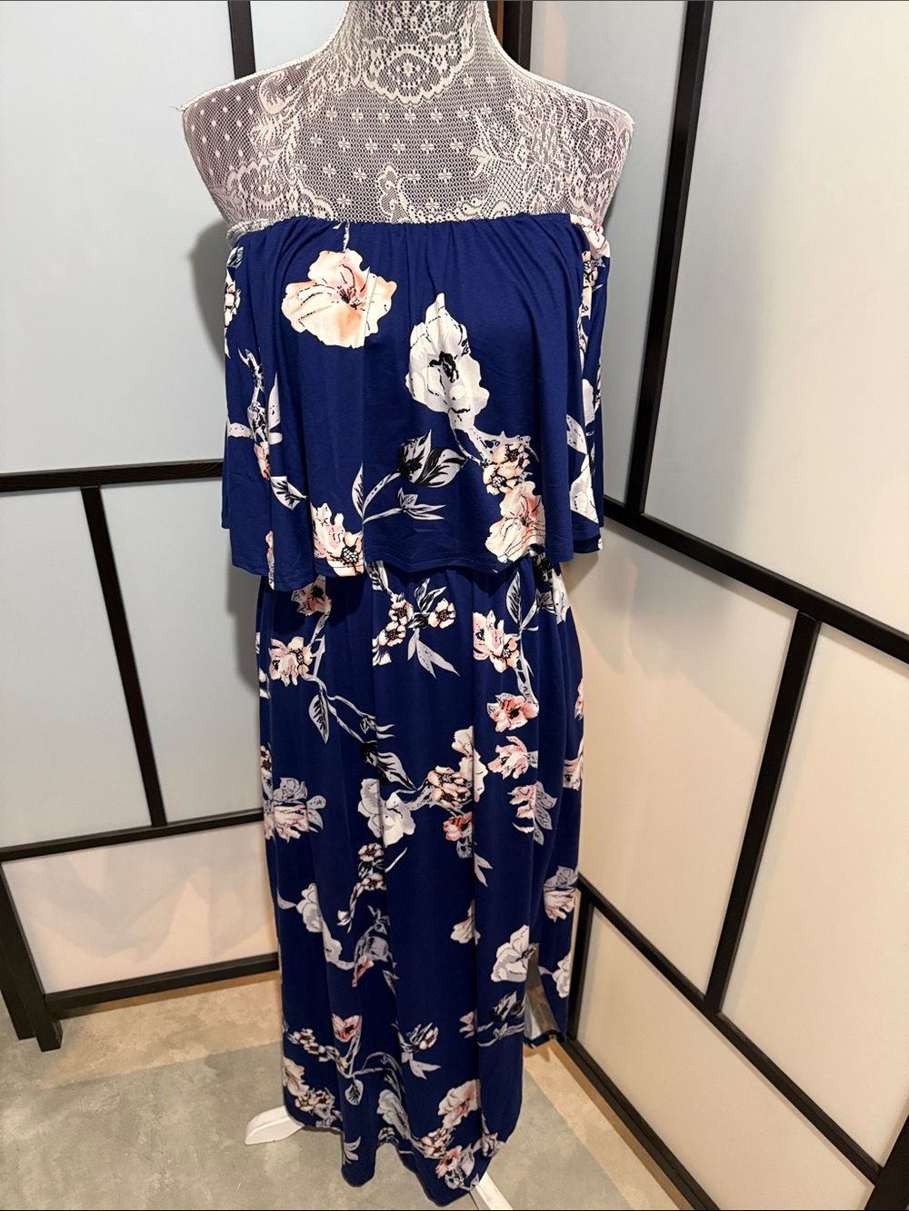 Off-Shoulder Floral Navy Maxi Dress
